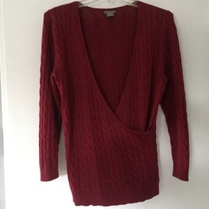 SOLD! Med. Cable knit burgundy cross over sweater.